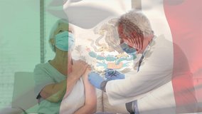 Animation of mexican flag over doctor vaccinating patient in face mask. Healthcare and protection during coronavirus covid 19 pandemic digitally generated video. - Powered by Shutterstock - Get 15% off with code: PIKWIZARD15