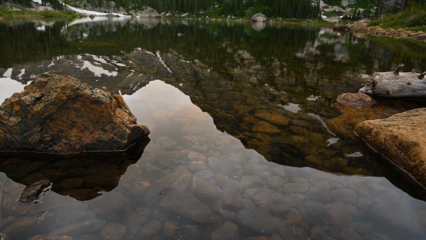 Calm mountain reflections on an alpine lake in Rocky Mountain National Park, Colorado, USA