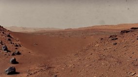 Dust storm over the Mars planet surface. Rock landscape of the red planet. Space exploration concept. 4k background video. NASA imagery.