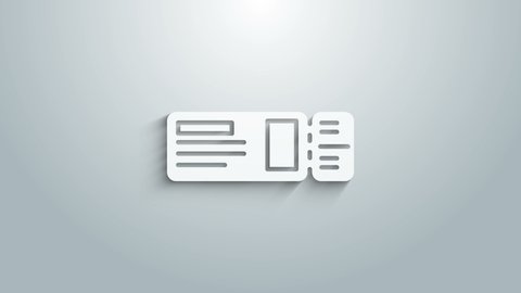 White Travel ticket icon isolated on grey background. Train, ship, plane, tram, bus transport. Travel service concept. 4K Video motion graphic animation.