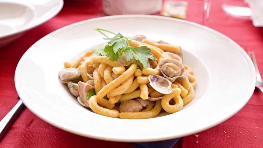 Passat Passatelli pasta with vongole and mushrooms with cheese sauce. Lunch with seafood.A pasta formed of eggs, grated Parmesan cheese. Typical for Pesaro, Urbino and Emilia Romagna. Slow-motion