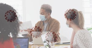 Animation of floating covid-19 cells with colleagues in office wearing face masks. Healthcare and protection during coronavirus covid 19 pandemic, digitally generated video