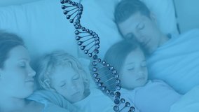 Animation of 3d dna strand spinning and molecules floating over sleeping family. Global medicine, science and genetics digitally generated video. - Powered by Shutterstock - Get 15% off with code: PIKWIZARD15