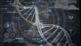 Animation of 3d dna strand spinning and data processing over human skeleton. Global medicine, science and genetics digitally generated video. - Powered by Shutterstock - Get 15% off with code: PIKWIZARD15