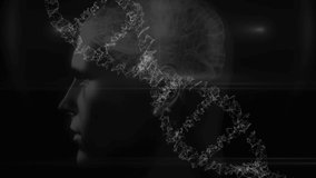 Animation of 3d dna strand spinning over human head. Global medicine, science and genetics concept digitally generated video.