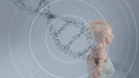 Animation of 3d dna strand spinning over scope scanning and woman running. Global medicine, science and genetics concept digitally generated video. - Powered by Shutterstock - Get 15% off with code: PIKWIZARD15