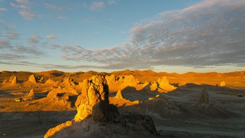 Time lapse night to day transition of tufa towers in Trona Pinnacles in California
