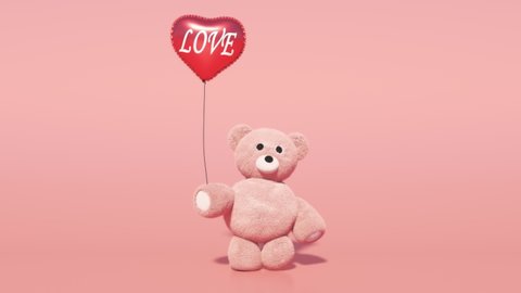 Teddy bear with red heart shaped balloon. on a pink screen. Toy bear walking seamless loop. Animation for Valentines day. Alpha channel.