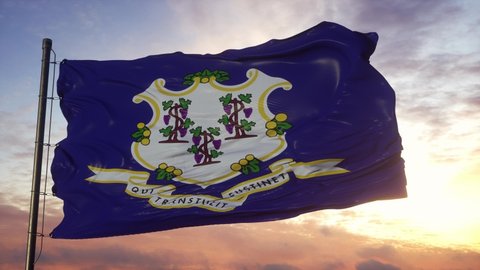 Flag of Connecticut waving in the wind against deep beautiful sky at sunset