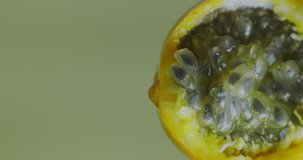 Vertical Video. Granadilla Juice or water drops flowing down from yellow exotic passion fruit on green studio backdrop