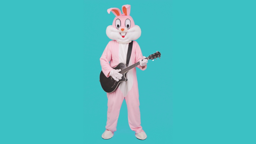 Man in adult giant bunny rabbit mascot costume life-size suit plays rock music on guitar isolated on blue. Crazy guitar player is playing music, having fun Royalty-Free Stock Footage #1067241502