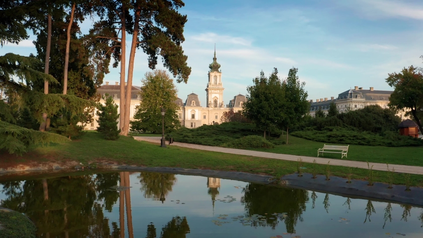 Keszthely, Hungary - 4K drone ascending at the famous Festetics Palace (Festetics Kastely) at autumn season. The town of Keszthely has been located in Zala county at Lake Balaton.