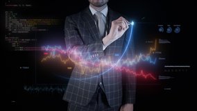 Businessman in suit working on futuristic holographic interface, draws market charts and rising bar graph on touched virtual interactive screen. Colorful technological hologram analyzing business data - Powered by Shutterstock - Get 15% off with code: PIKWIZARD15