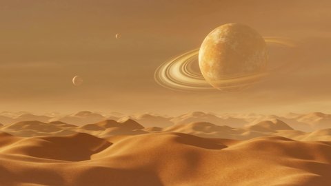 The camera moves horizontally through a sci-fi desert background with a ringed planet in the sky and two small moons. 3D Rendering