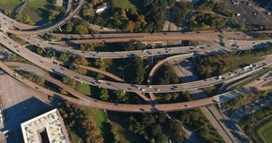 Birds eye view of traffic on I-45 freeway in downtown Houston. This video was filmed in 4k for best image quality.