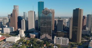 Drone view of skyscrapers in the Downtown Houston area. This video was filmed in 4k for best image quality.