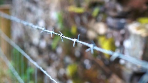 A close up of a barbed wire fence on an English farm