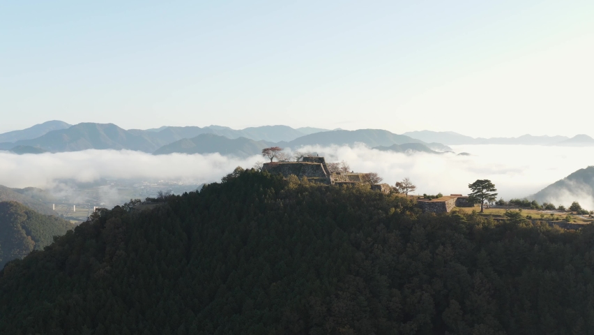 Japans Castle in the Sky, Takeda Castle Ruins, Hyogo. Aerial Shot