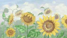 Oil Painted Sunflower field landscape. Agriculture sunny background loopable animation