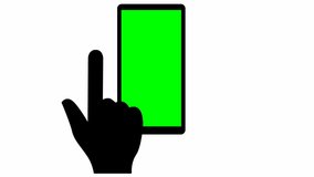 Animated hand flips through images on the phone with green screen. Vector illustration isolated on the white background.