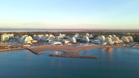 La Grande Motte, September 28th 2021 - Aerial view of the sunrise from the coastline
