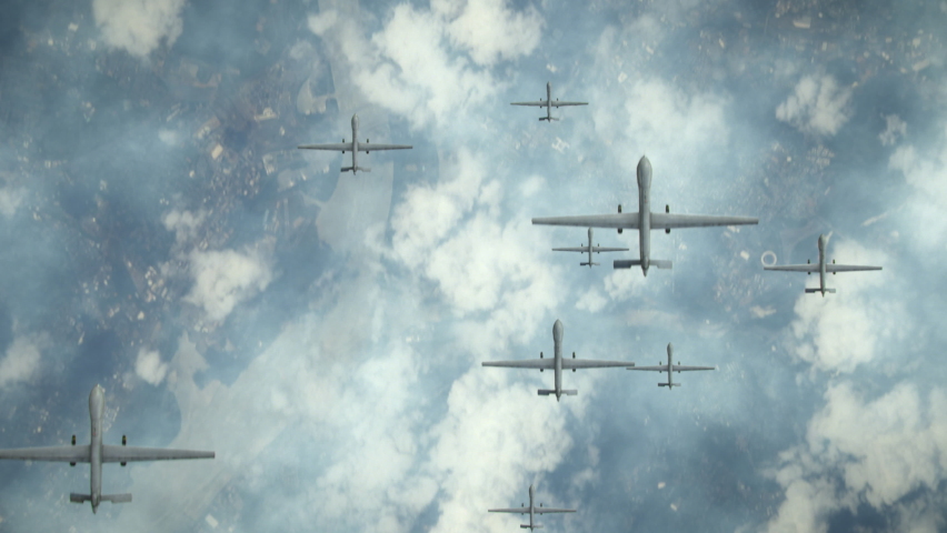 Multiple drones flying in the sky. Drone strikes, swarm, wars, World War III 3, WWIII, Military Drones, UAV, Modern Warfare - Powered by Shutterstock - Get 15% off with code: PIKWIZARD15