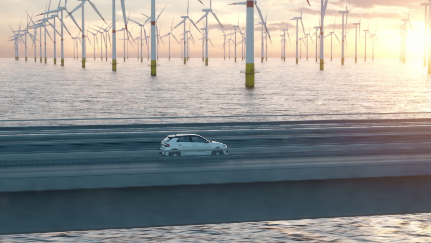 Generic electric car driving along a bridge or coastal highway with wind turbines in background. Realistic 3d animation.  Royalty-Free Stock Footage #1067268400