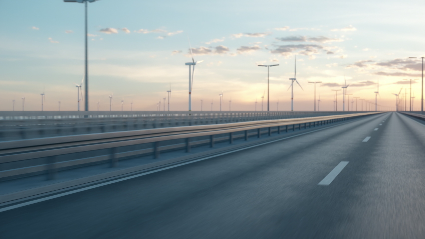 Generic electric car driving along a bridge or coastal highway with wind turbines in background. Realistic 3d animation.  | Shutterstock HD Video #1067268406