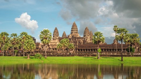 Siem Reap, Cambodia, zoom in timelapse view of dramatic skies over the ancient ruins of Angkor Wat temple.