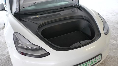 MINSK, BELARUS - JANUARY 20, 2021: Front trunk - called a frunk - of Tesla Model 3