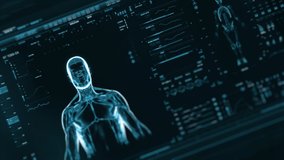 Blue perspective futuristic interface showing analysis of human male anatomy scan with rotating skeleton and body heat transfer. Near future of medicine and healthcare - Powered by Shutterstock - Get 15% off with code: PIKWIZARD15