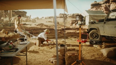 Archaeological Digging Site: Great Female Archeologist Work on Excavation Site, Carefully Cleaning with Brushes and Tools Newly Discovered Ancient Civilization Cultural Artifacts, Fossil Remains