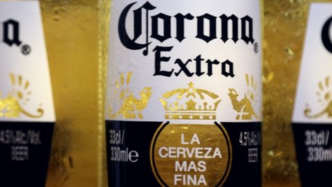 glass bottles with Corona beer. Corona Extra light lager