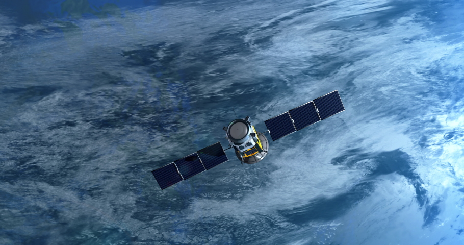 A satellite into earth orbit moving fast over a dense cloud cover - 3d illustration
