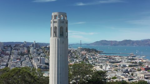 San Francisco, CA, USA, 2020. Aerial view of the Coit Tower. Panoramic vista over the city and the bay. High quality 4k footage