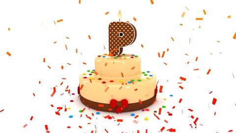 Cute Birthday Cake Animation Alphabet Letter P   with Colorful Confetti in surprise party