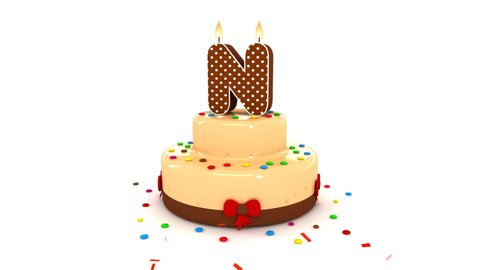 Cute Birthday Cake Animation Alphabet Letter  N  with Colorful Confetti in surprise party