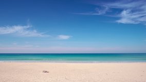 Phuket Thailand Sea Beach. Nature Video Beach sea landscape. Sea water clear and sand beach. Blue sky clear background.