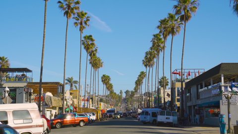 SAN DIEGO, CALIFORNIA - FEBRUARY 5, 2021: Newport Avenue beach shops and restaurants in Ocean Beach, San Diego