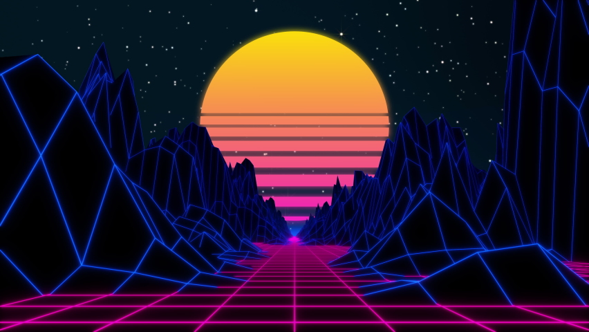 80s retro futuristic sci-fi seamless loop. Retrowave VJ videogame landscape with neon lights and low poly terrain. Stylized vintage 3D animation background with mountains, sun and glowing stars. 4K | Shutterstock HD Video #1067308747