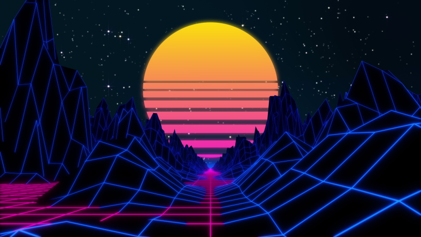 Beautiful 80s retro background loop animation. Retrowave horizon ...