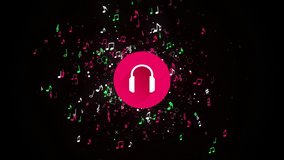 Abstract symbol of headphones surrounded by musical notes on a black background, seamless loop. Animation. Many small notes spreading all over the screen, music lifestyle design. 