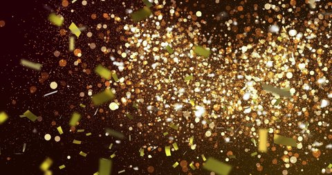 Animation of gold confetti falling over glowing golden spots in the background. Colour and movement concept digitally generated video.