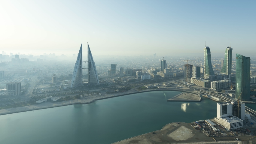 4K time lapse Aerial view of Manama city on a winter day with moving fog, Bahrain