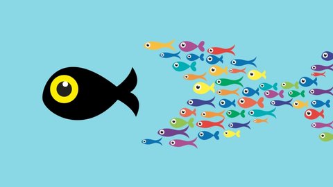 Class action concept. A large fish eats small fish that rebel and attack it. Metaphor of teamwork, unity and strength. Animated illustration.
