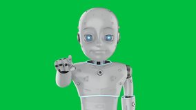 3d rendering cute robot or artificial intelligence robot with cartoon character finger point on green screen 4k footage