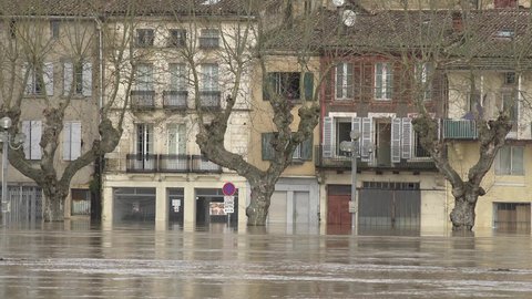 France, La Reole, February 4, 2021, The River Garonne overflowed its banks following heavy rainfall, flooded houses and streets in La Reole