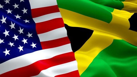 USA and Jamaica Flag Wave Loop waving in wind. Realistic United States vs Jamaica Flag background. USA Jamaica Flag Looping Closeup. Video of american sign. American and Jamaican flag Slow Motion. US 
