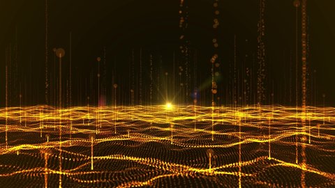 Abstract background with waving dotted surface, moving and flickering particles, lines and stripes. Animation of seamless loop.