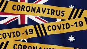 Animated concept caution quarantine. warning tape over Australia flag. Covid-19 Virus tape. Isolation attention animated motion graphic concept video. Corona virus pandemic information.